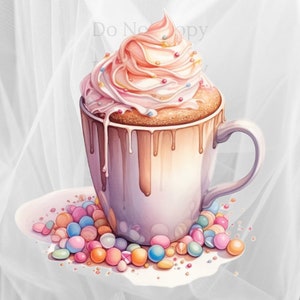 May include: A white ceramic mug with a pink and white whipped cream topping and chocolate sauce drizzling down the sides. The mug is filled with a brown liquid and is surrounded by colorful candy sprinkles.
