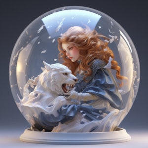 May include: A snow globe with a white wolf and a woman with long blonde hair wearing a blue dress. The wolf is snarling and the woman is looking down at the wolf.