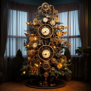 Clipart arbre de Noël steampunk, 8 PNG haute qualité, téléchargement numérique, fabrication de cartes, techniques mixtes, créations numériques en papier, Art steampunk, horloge