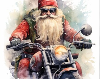 Clipart z motocyklistą i Mikołajem: Retro akwarelowy wydruk motocykla (pobieranie cyfrowe)