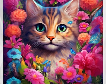 Cat with Flowers Clipart, 4 High Quality PNG, Digital Download, Card Making, Mixed Media, Digital Paper Craft, Hippy Cat, Cool Cat, Colorful