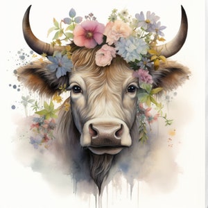 Highland Cows with Flowers Clipart, 11 PNG, Highland Cow Wall Art, Cottage Wall Decor, Cow with Sunflowers, Cow Print, Cow with Daisies