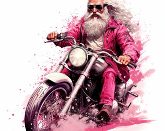 Clipart z różowym motocyklistą i Mikołajem, akwarelowa sztuka motocyklowa (pobieranie cyfrowe)