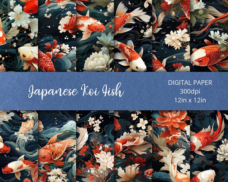 Japanese Koi Fish Pond Patterns, 12 Designs 12x12in Japanese Koi Fish ...