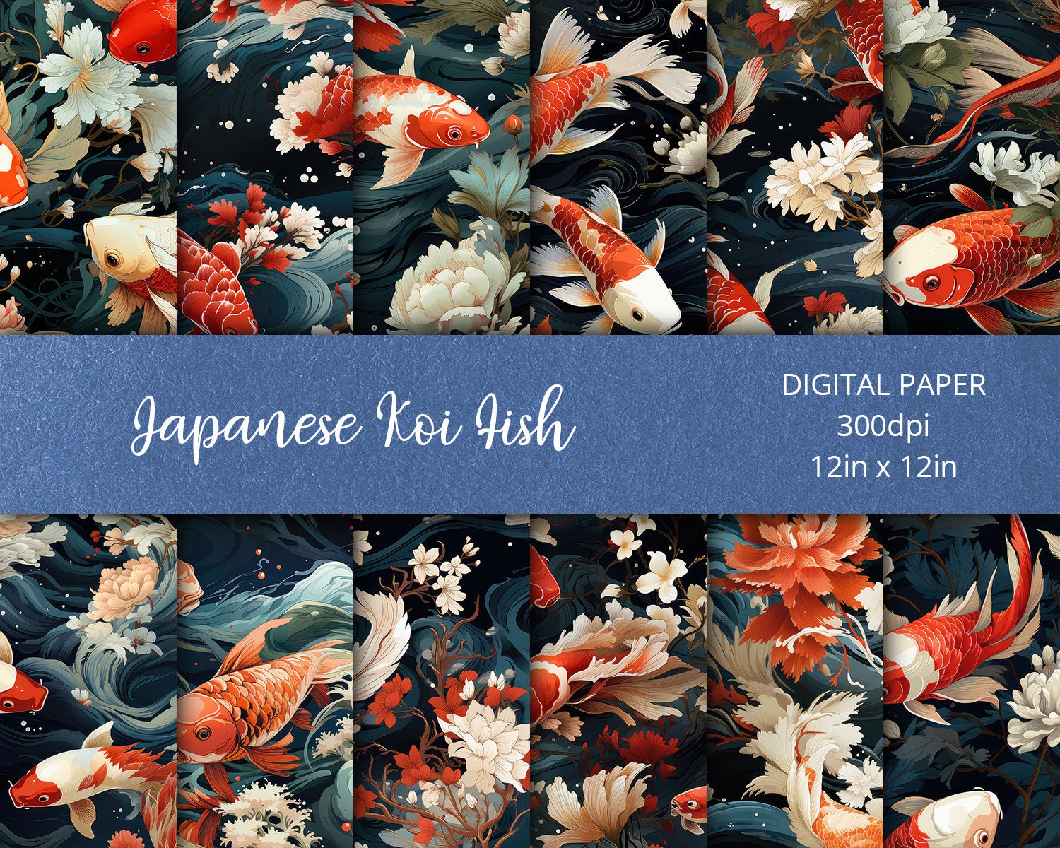 Japanese Koi Fish Pond Patterns, 12 Designs 12x12in Japanese Koi Fish ...
