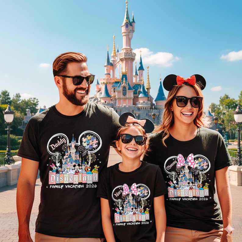 K&ouml;nnte beinhalten: Drei Personen tragen schwarze T-Shirts mit einem Disneyland-Design vor einem Schloss. Die Shirts tragen die Aufschrift "Daddy", "Mommy" und "Nora" &uuml;ber dem Disneyland-Logo. Die Shirts tragen auch die Aufschrift "Family Vacation 2026".