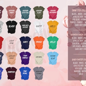 May include: A chart showing different colors of tank tops, women's v-neck shirts, and baby onesies. The colors are listed in rows with the corresponding color name below each shirt.
