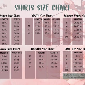 May include: A size chart for shirts, tank tops, and onesies. The chart includes measurements for length and width in inches. The chart is divided into sections for adult unisex, youth, women's v-neck, toddler, and baby onesie sizes.
