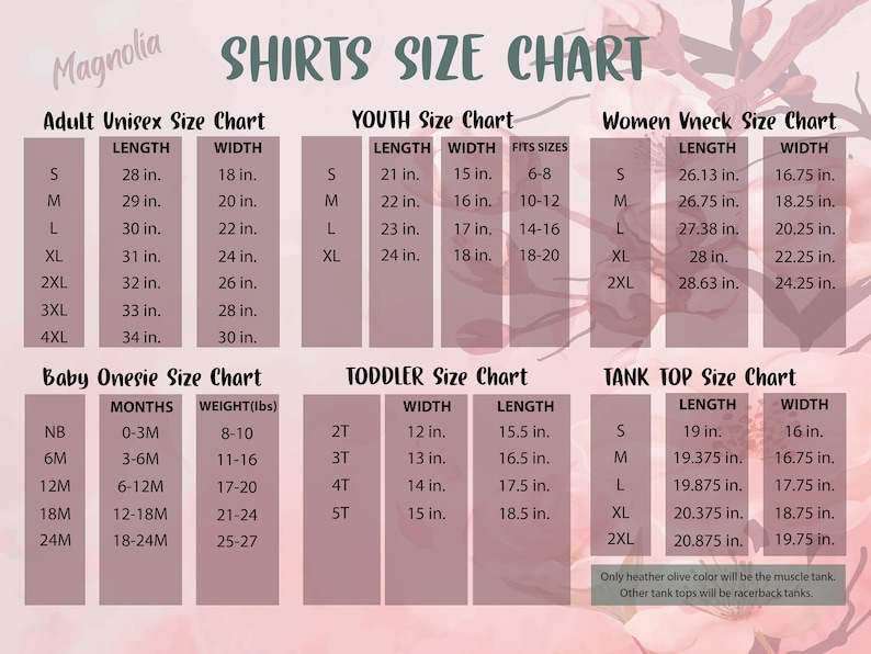 May include: A size chart for shirts, tank tops, and onesies. The chart includes measurements for length and width in inches. The chart is divided into sections for adult unisex, youth, women's v-neck, toddler, and baby onesie sizes.