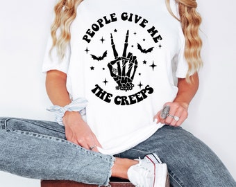 People Give Me The Creeps Halloween T-Shirt: Spooky Skeleton Bats Fall Shirt