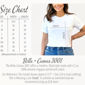 May include: Size chart for Bella + Canvas 3001 t-shirts, showing width and length measurements in inches for sizes XS to 4XL. The chart includes a photo of a model wearing a white t-shirt and blue jeans.