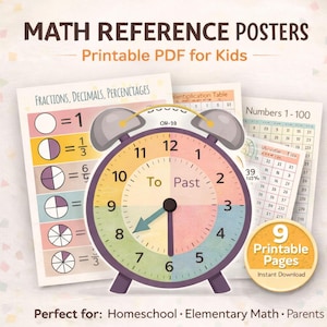 Posters mathématiques imprimables pour enfants | Lecture de l'heure, fractions et nombres 1-100 | PDF pour l'école à la maison