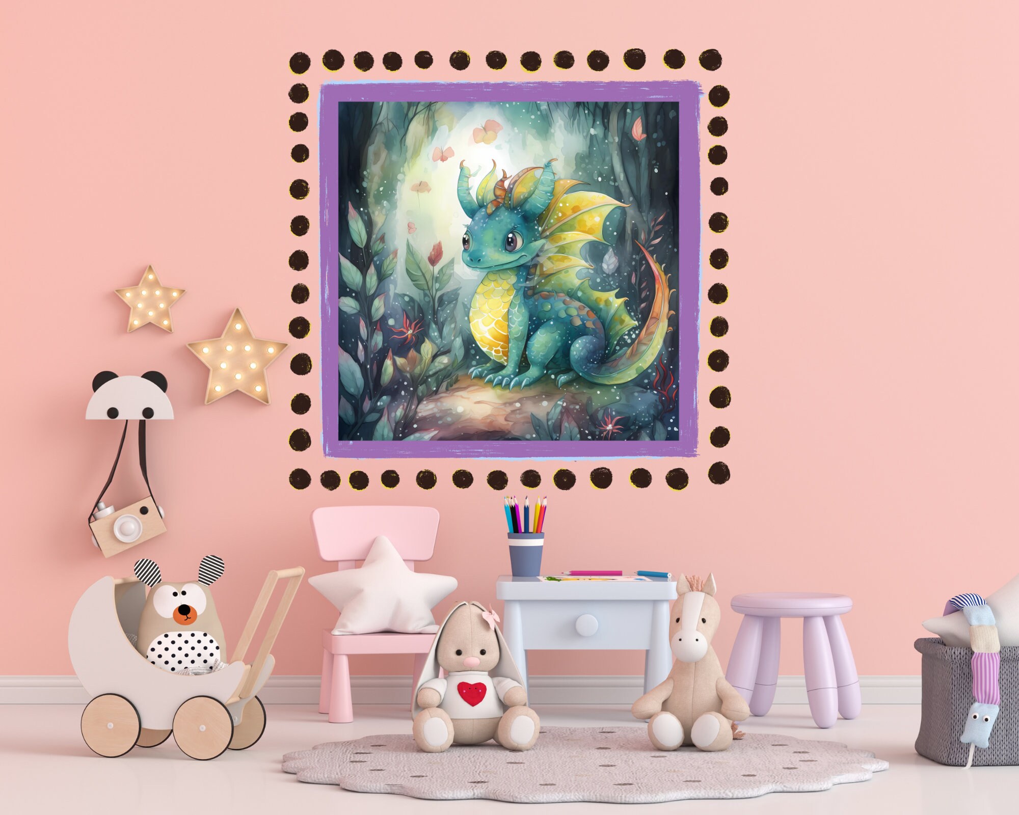 Baby Dragon Wall Art.vibrant Watercolor Prints for Nursery & Kids' Room