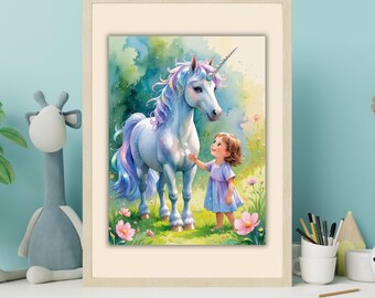 Unicorn Girl Wall Art | Pastel Nursery Poster | Magical Printable for Kids | Girl’s Room Decor | Fairy Tale Art PDF
