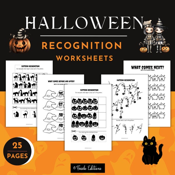 Halloween Pattern Recognition Worksheets - Kindergarten to Second Grade Math