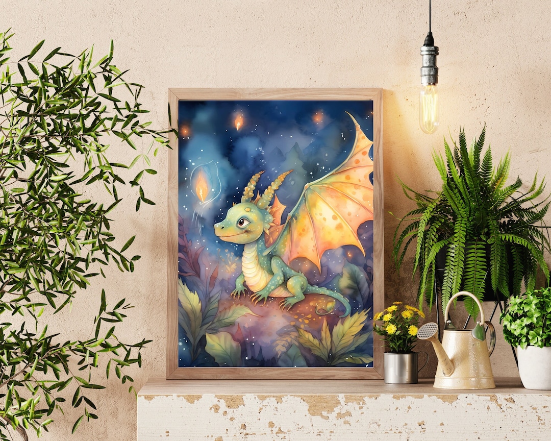 Baby Dragon Wall Art, Vibrant Watercolor Prints for Nursery & Kids