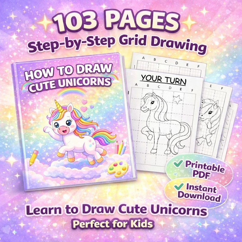 How to Draw Cute Unicorns – Grid Drawing Workbook for Kids, Step by ...