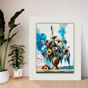 Arte mural botánico bohemio / Póster de jarrón con flores azules y doradas / Arte mural ecléctico imprimible en PDF / Decoración bohemia moderna