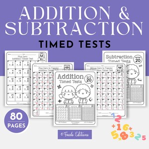 Getimede tests optellen en aftrekken | Afdrukbare wiskundige werkbladen | 80 pagina's pdf