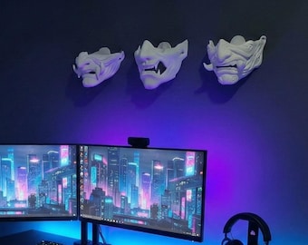 3 Piece Japanese Hannya Mask Set | White Marble Oni Demon Wall Art for for Gaming Room & Cyberpunk Setup | Easy Mount Samurai Mask