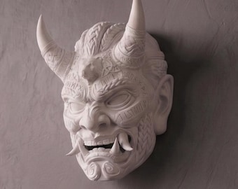 3 Piece Japanese Oni Mask Set | Hannya Demon Wall Art for Gaming Room & Cyberpunk Setup | Easy Mount Man Cave Gift