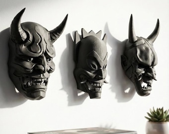 3 Piece Japanese Hannya Mask Set | Matte Black Oni Demon Wall Art for Cyberpunk & Streamer Background | Easy Mount Gamer Gift