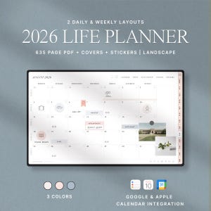 Puede incluir: Un planificador de vida digital 2026 con diseño horizontal, con 2 diseños diarios y semanales. El planificador incluye 635 páginas, cubiertas y pegatinas. Ofrece integración con Google y Apple y está disponible en 3 colores.