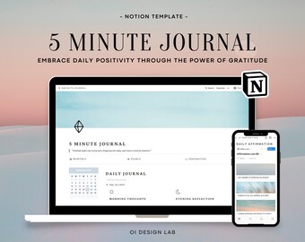 Modello di diario di 5 minuti Notion: gratitudine quotidiana, affermazioni (digitale)