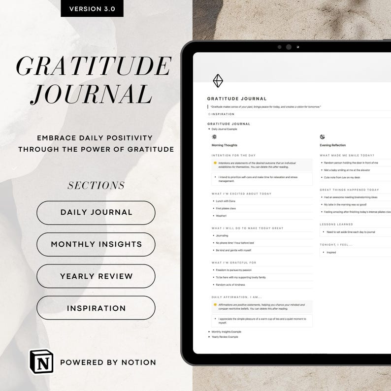 Notion Gratitude Journal Template Digital Journal Notion Journal Template Daily Review 5 Minute Journal Daily Reflection Journal Self Care Self Reflection Digital Journal Daily Check In Check-in Notion Journal Daily Affirmation Daily Journal Monthly Insights Yearly Review