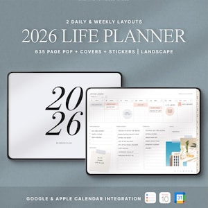 Peut inclure: Un planificateur de vie numérique 2026 avec un fond blanc. Le planificateur présente une mise en page sur 2 pages avec des présentations quotidiennes et hebdomadaires. La couverture affiche l'année 2026 en grands chiffres noirs. Intégration Google et Apple.