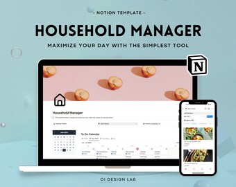 Modello Notion Household Manager: pianificatore dei pasti, monitoraggio delle pulizie (digitale)