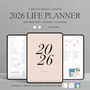 May include: A digital 2026 Life Planner with 2 daily and weekly layouts. The planner features a soft pink cover with the numbers "20 26" in black. The planner includes 635 pages, covers, and stickers, and integrates with Google and Apple calendars.