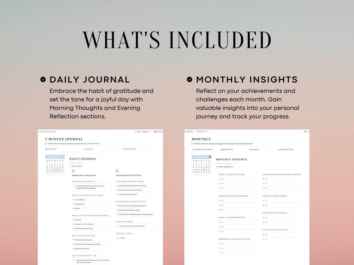 Notion Daily 5 Minute Journal Digital Prompts Notion Template Gratitude