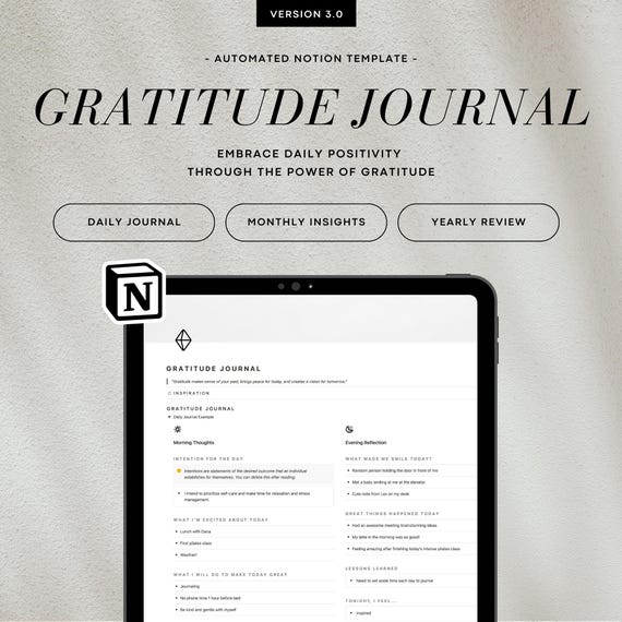 Notion Gratitude Journal Template: 5 Minute Journal for Daily Reflection, Review and Self-Care