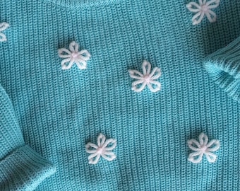 Pull brodé main marguerites | Taille 12-18 m | Prêt à expédier