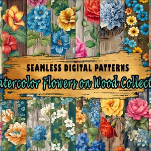 May include: A digital paper collection featuring watercolour flowers on a wood background. The collection includes various floral patterns with different colours, including red, yellow, blue, and pink.