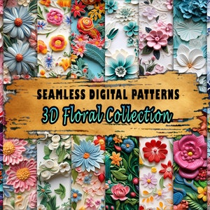 May include: A collection of 10 seamless digital patterns featuring 3D floral designs. The patterns include a variety of flowers in different colours and styles, such as roses, daisies, and lilies. The patterns are perfect for use in a variety of projects, such as scrapbooking, card making, and fabric design.