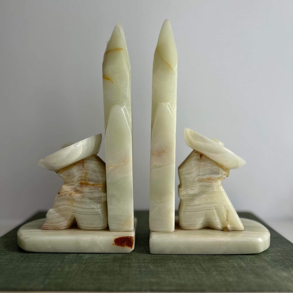 Vintage Hand Carved Alabaster Onyx Mexican Siesta Cactus Bookends