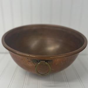 Rare Large Hammered Copper Mixing Bowl with Brass Ring – 12” D x 6 1/4” H – Vintage French Kitchen Decor, Rustic Wall Hanging, MCM Copper