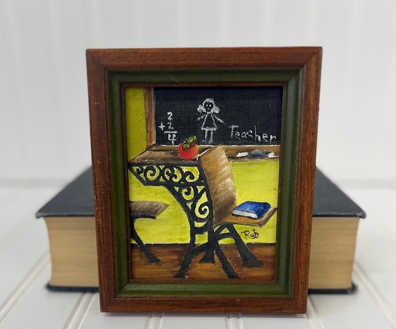 Vintage Signed Teacher Classroom Painting by Ruth – Framed Canvas Art with Green Trim – Small Schoolhouse Decor for Teacher Gift