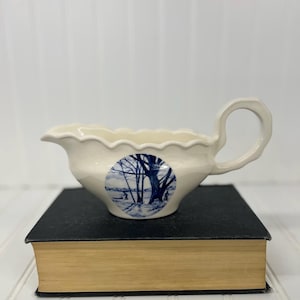 Vintage Creamy White & Blue Gravy Boat - Winter Scene with Kids Playing, China Sauce Boat for Holiday Dining, Collectible Holiday Serving