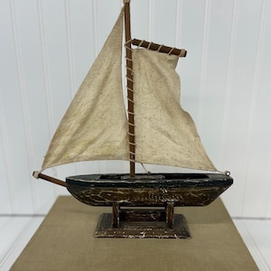 Vintage Wooden Sailboat Model with Canvas Sails – Nautical Tabletop Decor – Rustic Lake House, Coastal, or Cottage Style – 12 3/4”H x 11 1/2