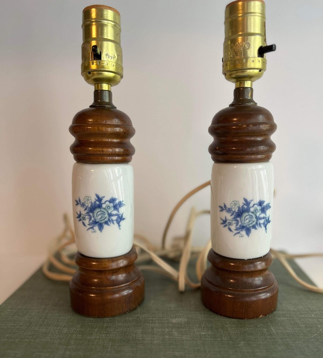 Set of 2 Vintage Lamps / Wood & Porcelain / Blue Floral Motif / Vintage