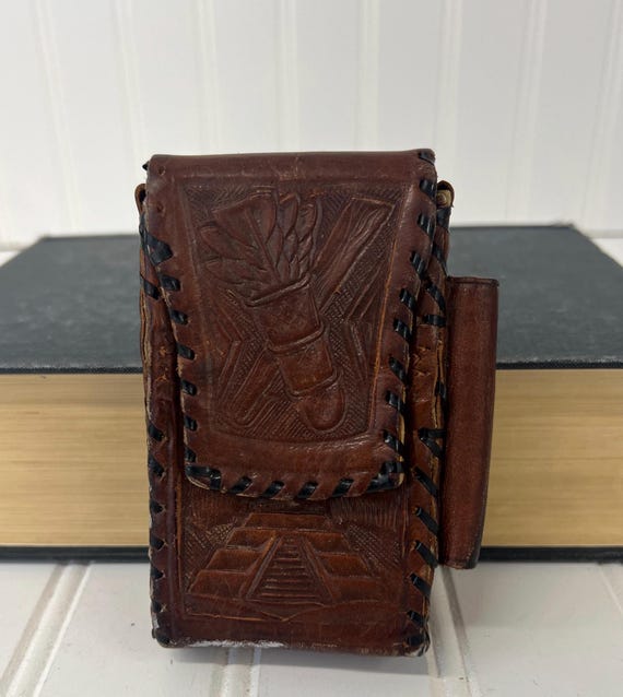 old leather cigarette cases Vintage Leather Cigarette Case with Tooled Mayan Design – Brown Tooled  Cigarette Pouch – Handmade Mexico Case – Estate Find – Rustic Western
