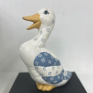 Vintage Hand Painted Ceramic Figurine – White Goose with Blue, Cottage Country Farmhouse Decor - Vintage Nursery - Mother Goose