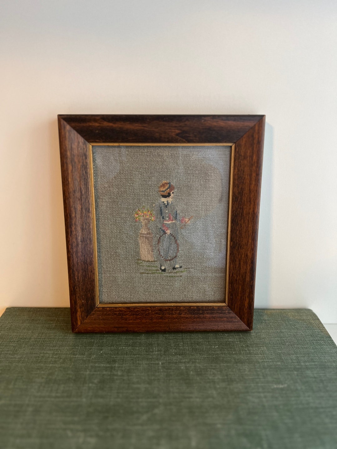 Vintage Needlepoint Picture in Frame / Lady Holding Wreath / Antique