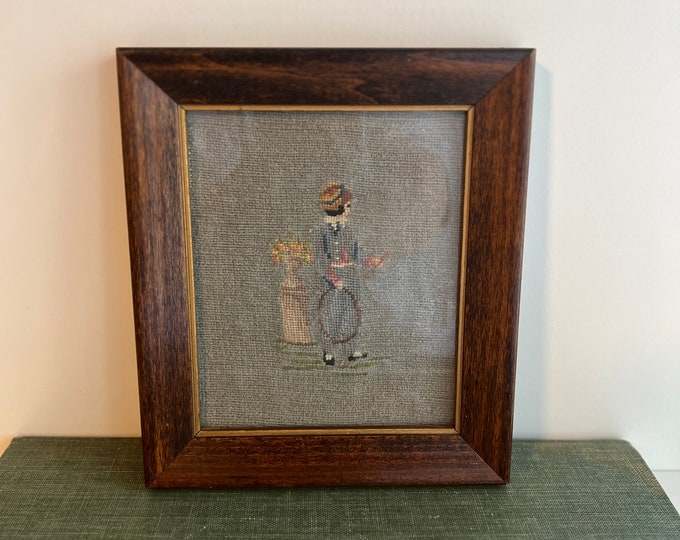 Vintage Needlepoint Picture in Frame / Lady Holding Wreath / Antique