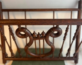 Antique Oak Stick & Ball Magazine Rack / Sheet Music Rack / Hanging Rack With Chains