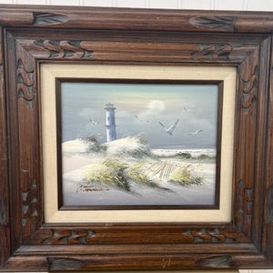 Vintage Coastal Lighthouse Oil Painting Signed Antonio – Possibly Antonio Tano/Tanos – Nautical Seascape with Seagulls, Waves, and Sand Dune
