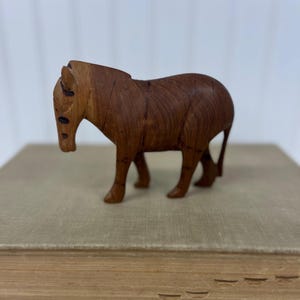 Vintage Hand-Carved Wooden Animal Figurine – Horse / Folk Art Animal Sculpture – 4 1/4”H x 5 1/2”L x 1 1/2”W - Nursery Wooden Figurine